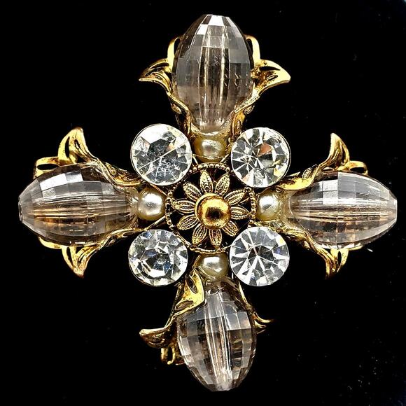 Maltese Cross Brooch Smoke Acrylic Gothic Revival Pin Gold Tone Rhinestones Vtg - Picture 1 of 10